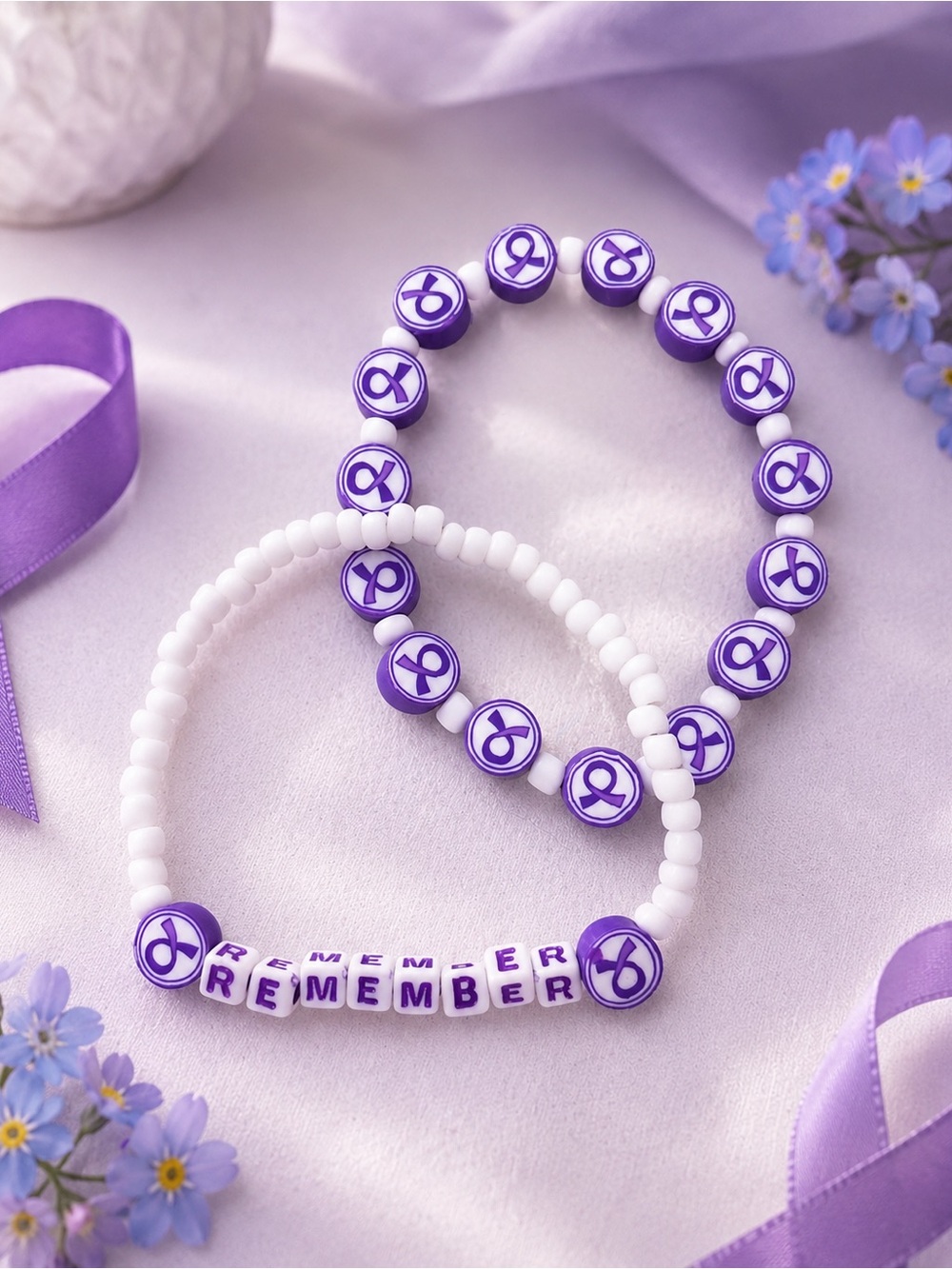 Purple Remember Awareness Bracelet Set 9”